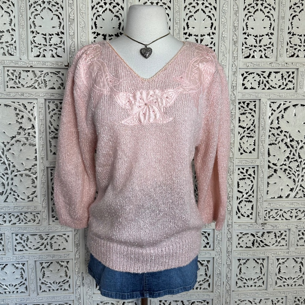 Vintage White Stag Wool Blend‎ Pink Coquette 3/4 Sleeve V Neck Sweater Sz Medium